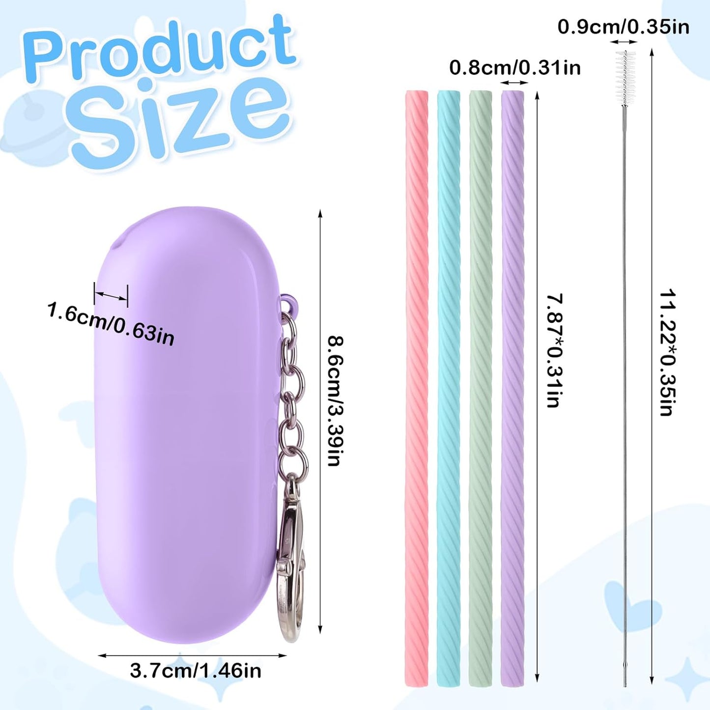 4 Set Portable Straw,Reusable Straws Silicone with Case Silicone Portable Drinking travel Straw Set for Party Travel Cold or Hot with 4 Cleaning Brushes (Purple,Pink,Green, Blue）