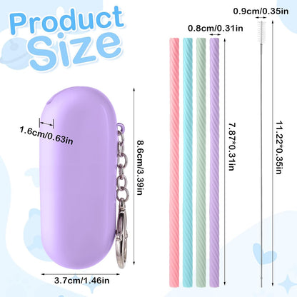 4 Set Portable Straw,Reusable Straws Silicone with Case Silicone Portable Drinking travel Straw Set for Party Travel Cold or Hot with 4 Cleaning Brushes (Purple,Pink,Green, Blue）