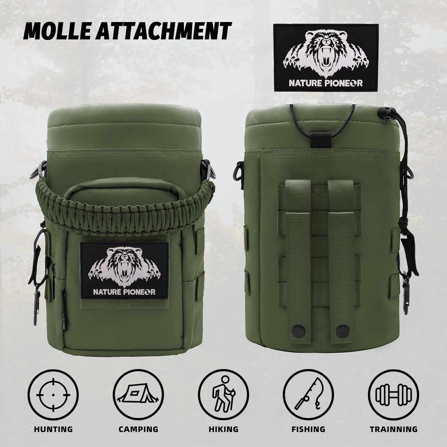 NATURE PIONEOR 32 64 128oz Tactical Water Bottle Pouch, Multi-Function Tactical Water Bottle Bag with Adjustable Shoulder Strap, Half/One Gallon Molle Strap Carrier Holder