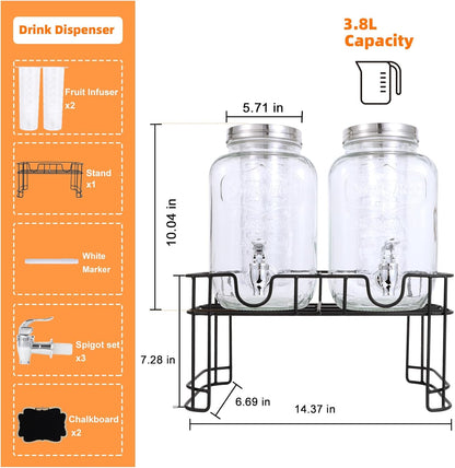 1 Gallon Glass Drink Dispensers For Parties-Set of 2,Drink Dispenser with Fruit Infuser & Stand,Juice or Beverage Dispenser for BBQ, Picnic, Party,Laundry Detergent Dispenser