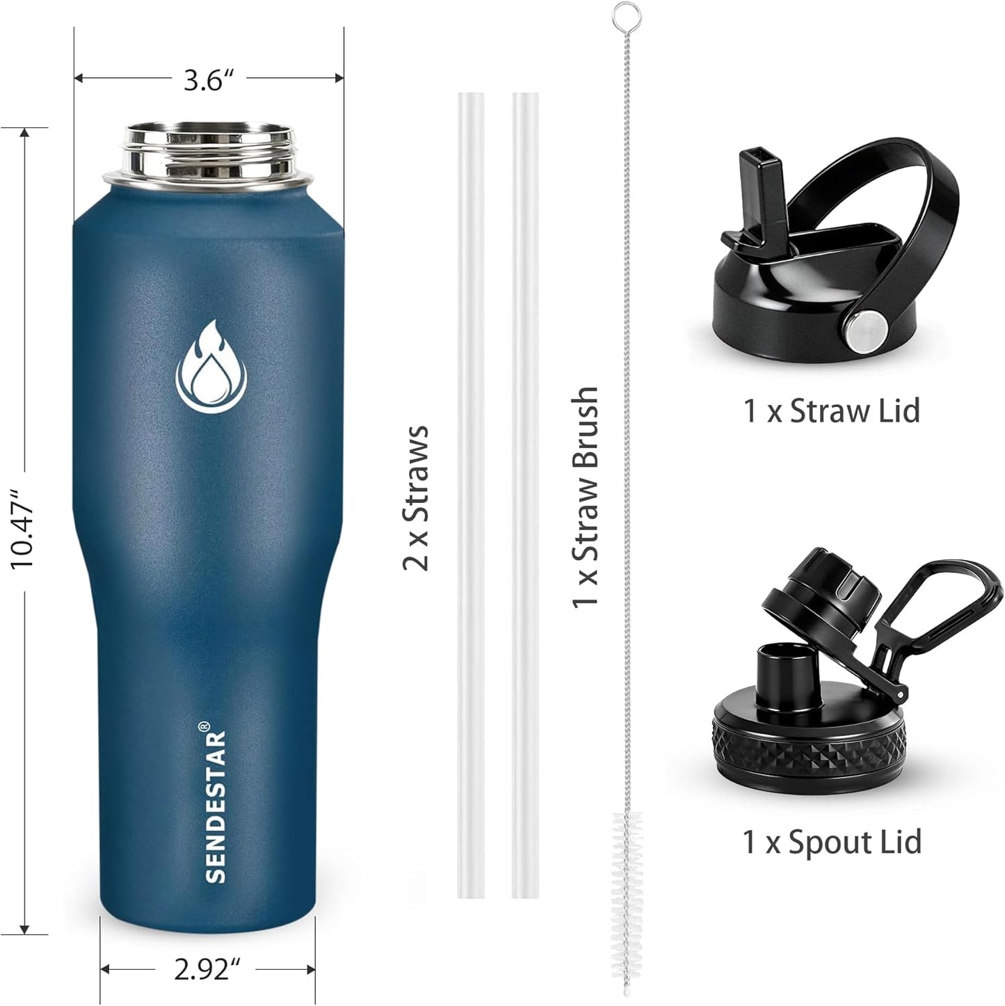 SENDESTAR 40oz Water Bottle Wide Mouth Stainless Steel Vacuum Insulated Double Wall with Straw Lids Fit in Any Car Cup Holder