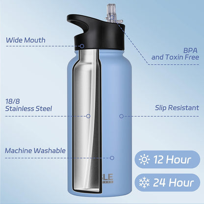 HASLE OUTFITTERS 32 oz Insulated Water Bottle Stainless Steel Double Walled Vacuum Sports Water Bottle with 2 Lids (Straw and Spout Lid) for Gym Camping Hiking(Black,1)