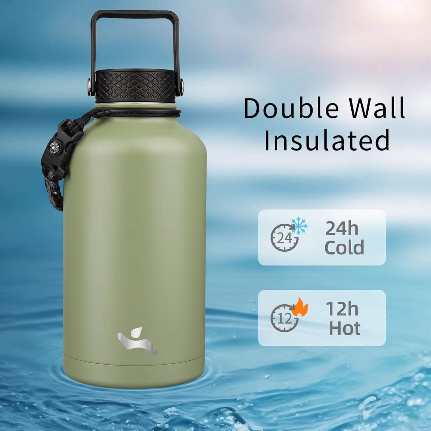 Konokyo 22oz Stainless Steel Bottles with 3 Lids Sport Insulated Water Bottle,Mint