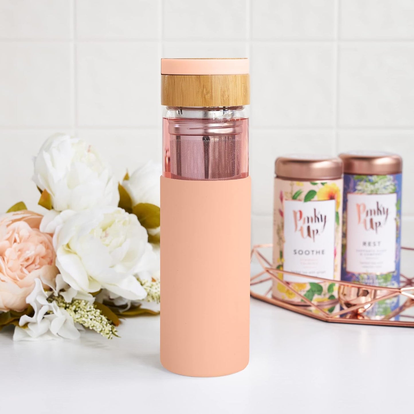 Pinky Up Blair Travel Tea Infuser Mug, Double Walled Insulated Travel Tumbler with Loose Leaf Tea Strainer, Travel Coffee Mug, Keeps Drinks Hot or Cold, 16 oz, White Leaf