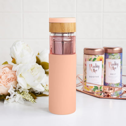 Pinky Up Blair Travel Tea Infuser Mug, Double Walled Insulated Travel Tumbler with Loose Leaf Tea Strainer, Travel Coffee Mug, Keeps Drinks Hot or Cold, 16 oz, White Leaf