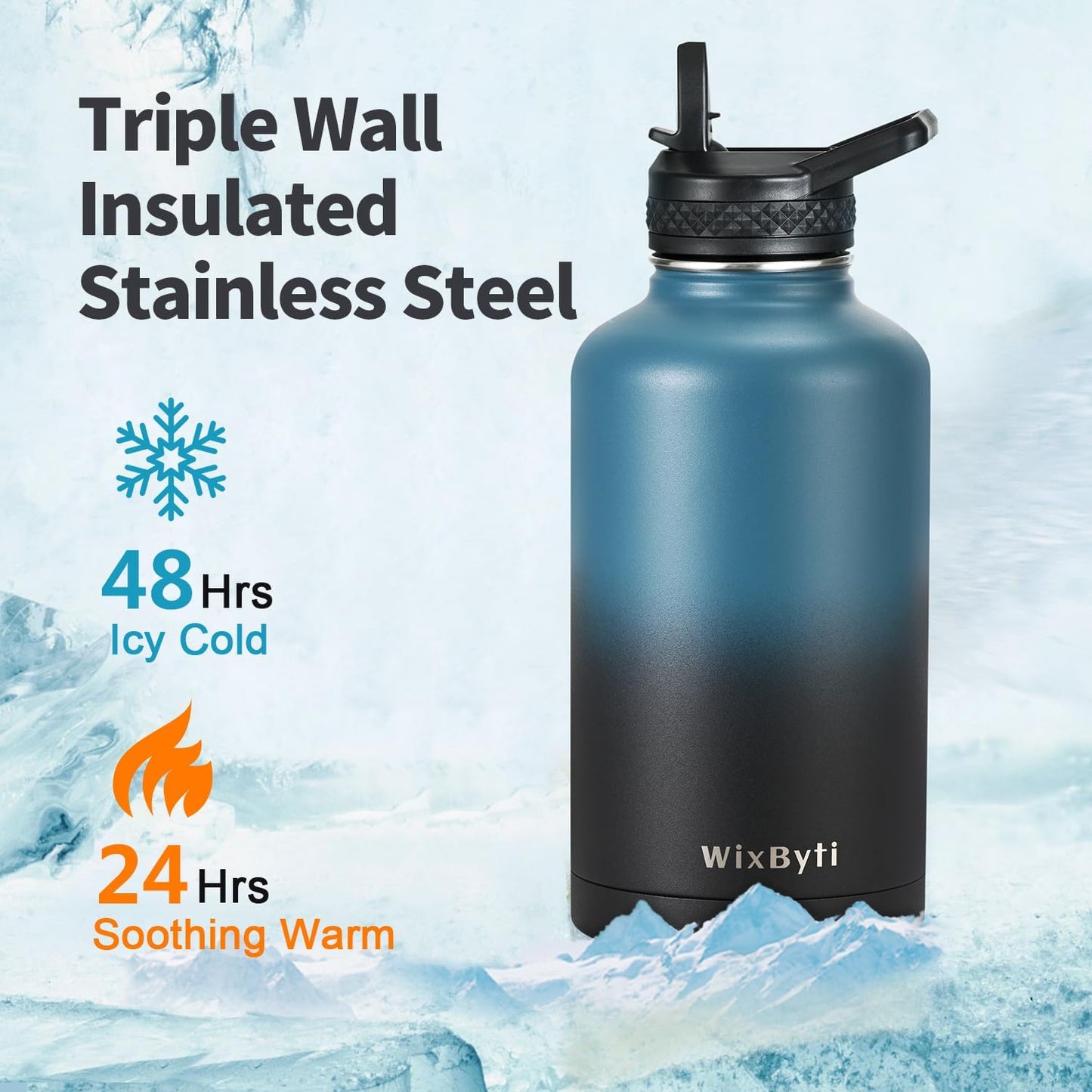 WixByti 40 oz Insulated Water Bottle with Straw (Cold for 36 Hrs), Stainless Steel Triple Wall Vacuum Sports Water Jug, Leakproof Hydro Cup Flask with Paracord Handle & Straw Spout Lids & DIY Stickers