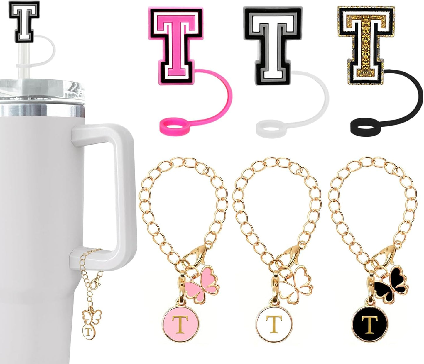 （3 +3) 3PCS Nuozme Straw Cover 10mm For Stanley Tumbler Cup Reusable Straw Cap Topper with 3 Initial Letter Charms Accessories Name ID Personalized Handle Charm For Stanley 30&40 Oz Cup Tumbler - Colors B