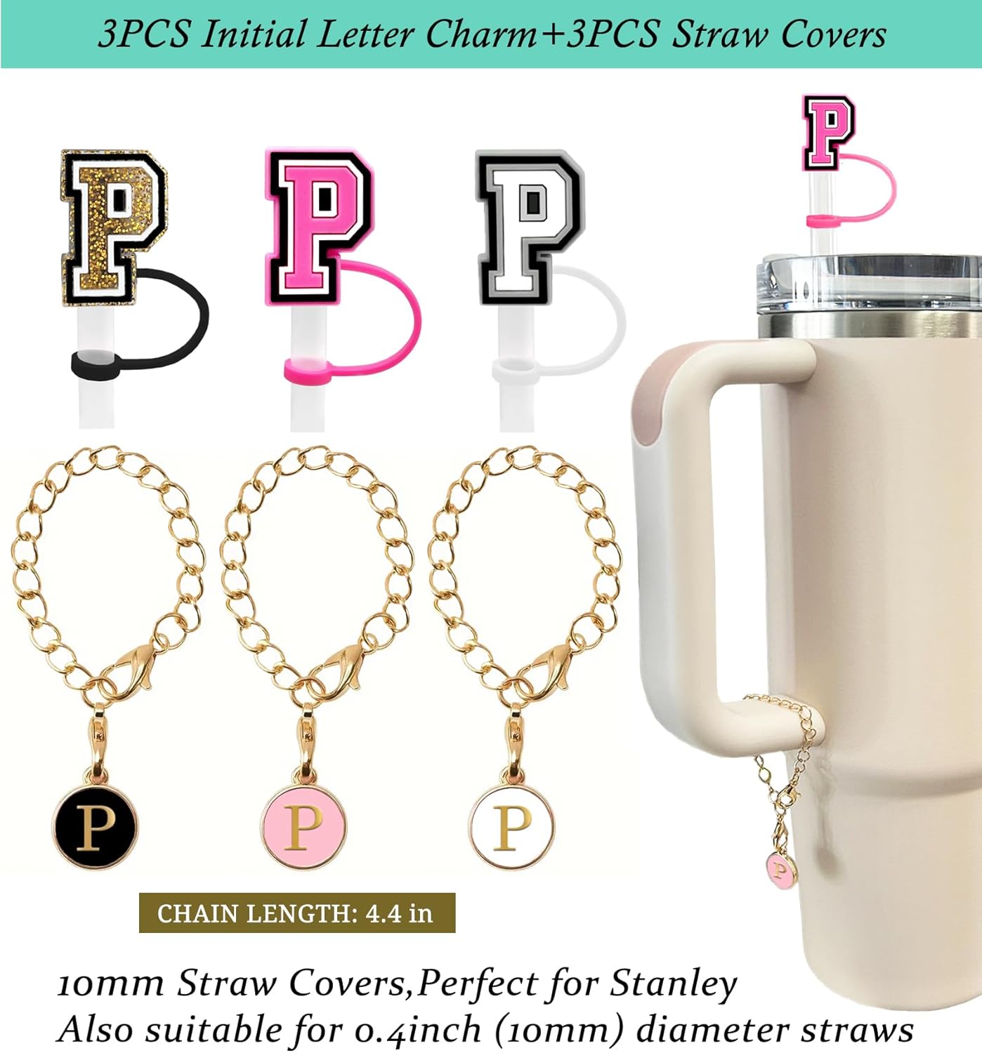 （3 +3) 3PCS Nuozme Straw Cover 10mm For Stanley Tumbler Cup Reusable Straw Cap Topper with 3 Initial Letter Charms Accessories Name ID Personalized Handle Charm For Stanley 30&40 Oz Cup Tumbler - Colors A