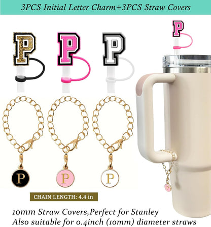 （3 +3) 3PCS Nuozme Straw Cover 10mm For Stanley Tumbler Cup Reusable Straw Cap Topper with 3 Initial Letter Charms Accessories Name ID Personalized Handle Charm For Stanley 30&40 Oz Cup Tumbler - Colors A