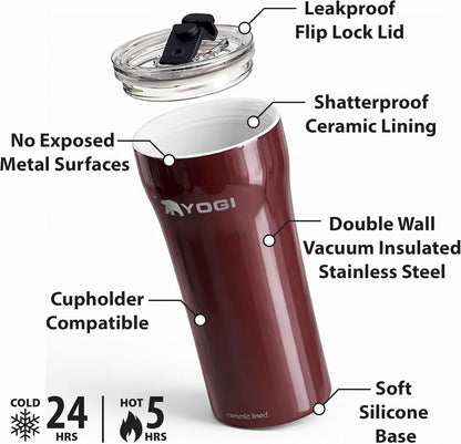 YOGI Ceramic Lined Metal Allergy Safe 16oz Coffee Tumbler with Leakproof Lid BPA Free Vacuum Insulated Stainless Steel Cupholder Friendly Travel Cup for Coffee and Water Sandstone
