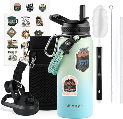 WixByti 40 oz Insulated Water Bottle with Straw (Cold for 36 Hrs), Stainless Steel Triple Wall Vacuum Sports Water Jug, Leakproof Hydro Cup Flask with Paracord Handle & Straw Spout Lids & DIY Stickers