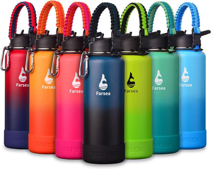 Farsea Insulated Water Bottle With Paracord Handle, Protective Silicone Boot and 2 Lids (Straw Lid & Spout Lid), Stainless Steel Water Bottle Wide Mouth, Double Wall Sweat-Proof BPA-Free, 24 oz