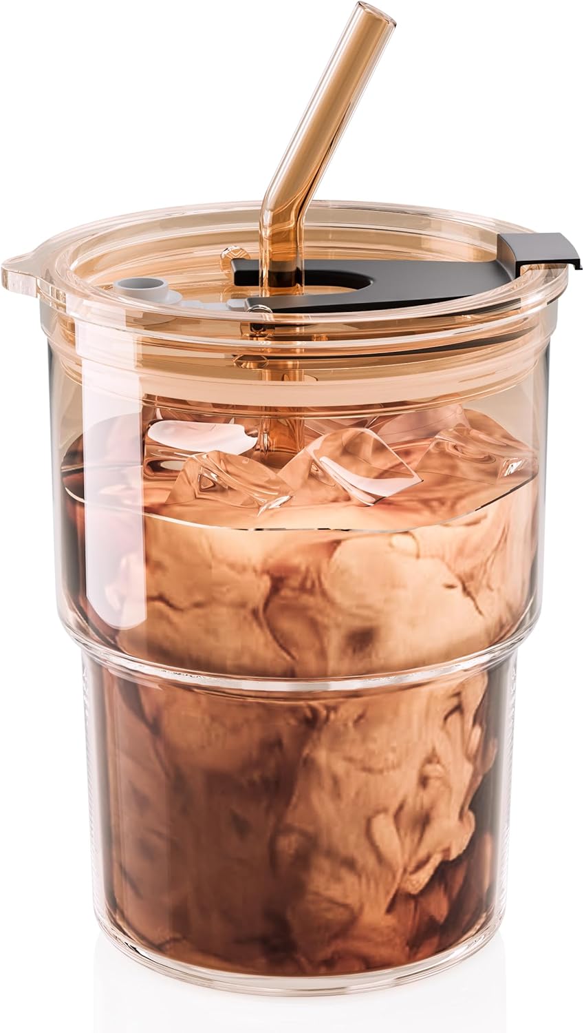 13 oz Iced Coffee Cup, Glass Tumbler with Straw and Lid for Tea, Matcha, Cold Brew, Sealed, Portable, Thick Wall, BPA-Free (Amber)