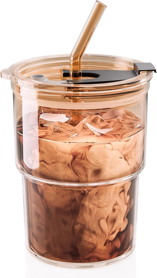 13 oz Iced Coffee Cup, Glass Tumbler with Straw and Lid for Tea, Matcha, Cold Brew, Sealed, Portable, Thick Wall, BPA-Free (Amber)