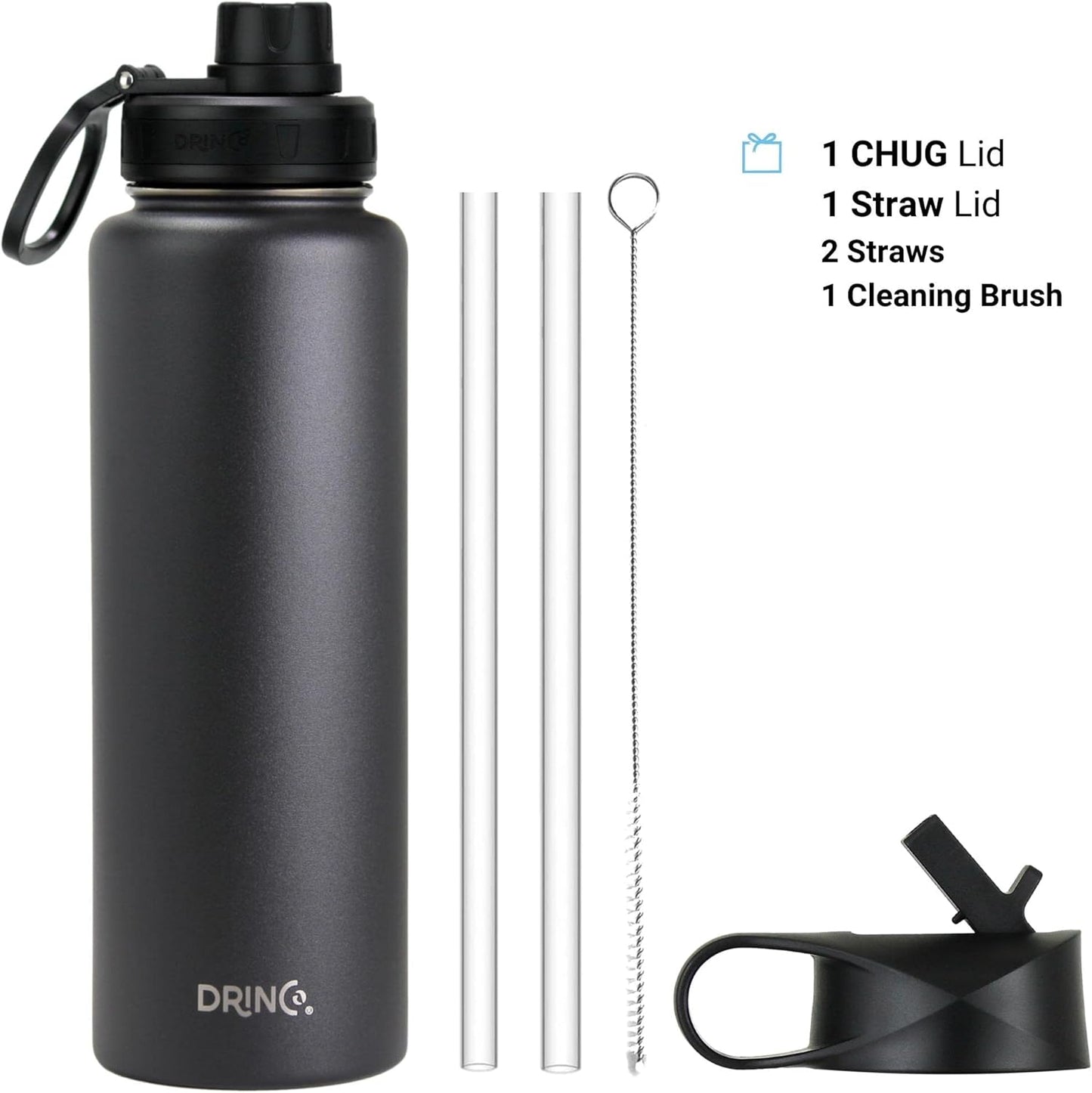 Drinco Stainless Steel Water Bottle Spout Lid Vacuum Insulated Double Wall Water Bottle Wide Mouth (40oz 32oz 22oz 18oz 14oz) Leak Proof Keep Cold Sport Camping Hiking (22 oz, 22oz Black)