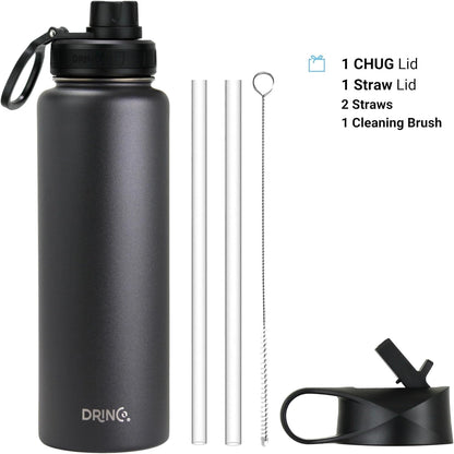Drinco Stainless Steel Water Bottle Spout Lid Vacuum Insulated Double Wall Water Bottle Wide Mouth (40oz 32oz 22oz 18oz 14oz) Leak Proof Keep Cold Sport Camping Hiking (22 oz, 22oz Black)