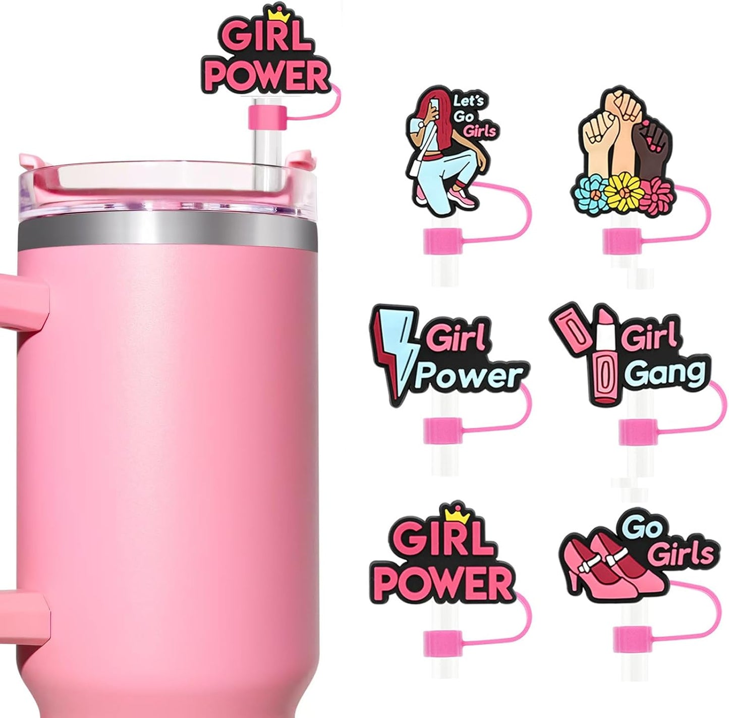6PCS Pink Black Girl Straw Covers for Stanley Cup，Cute Silicone Straw Topper for 10mm Drinking Straw Tip Covers Stanley Cup Accessories