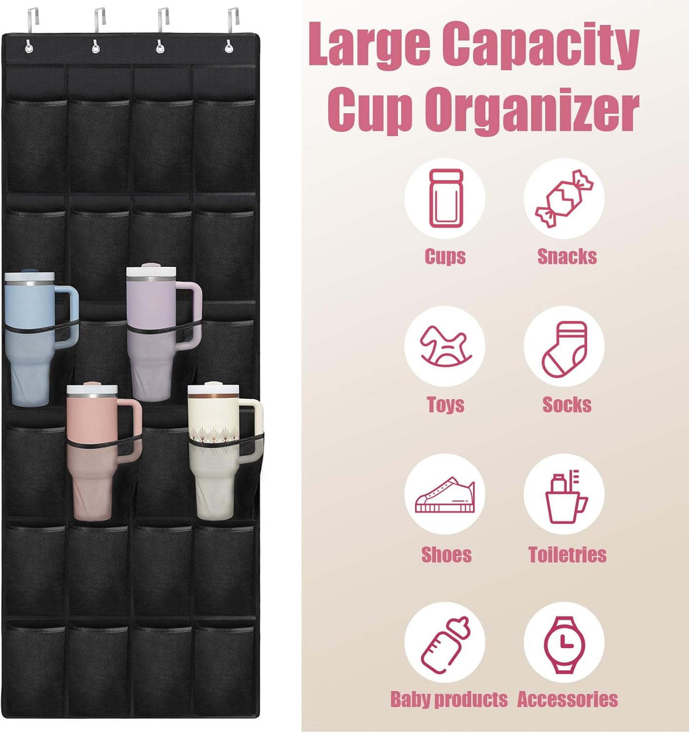 Stanley Cup Organizer - 24 Pocket Large Capacity Holder, Portable Foldable Hanging Bag for Cabinet, Wall, Door, RV - Kitchen Storage Accessories