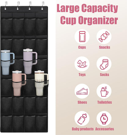 Stanley Cup Organizer - 24 Pocket Large Capacity Holder, Portable Foldable Hanging Bag for Cabinet, Wall, Door, RV - Kitchen Storage Accessories