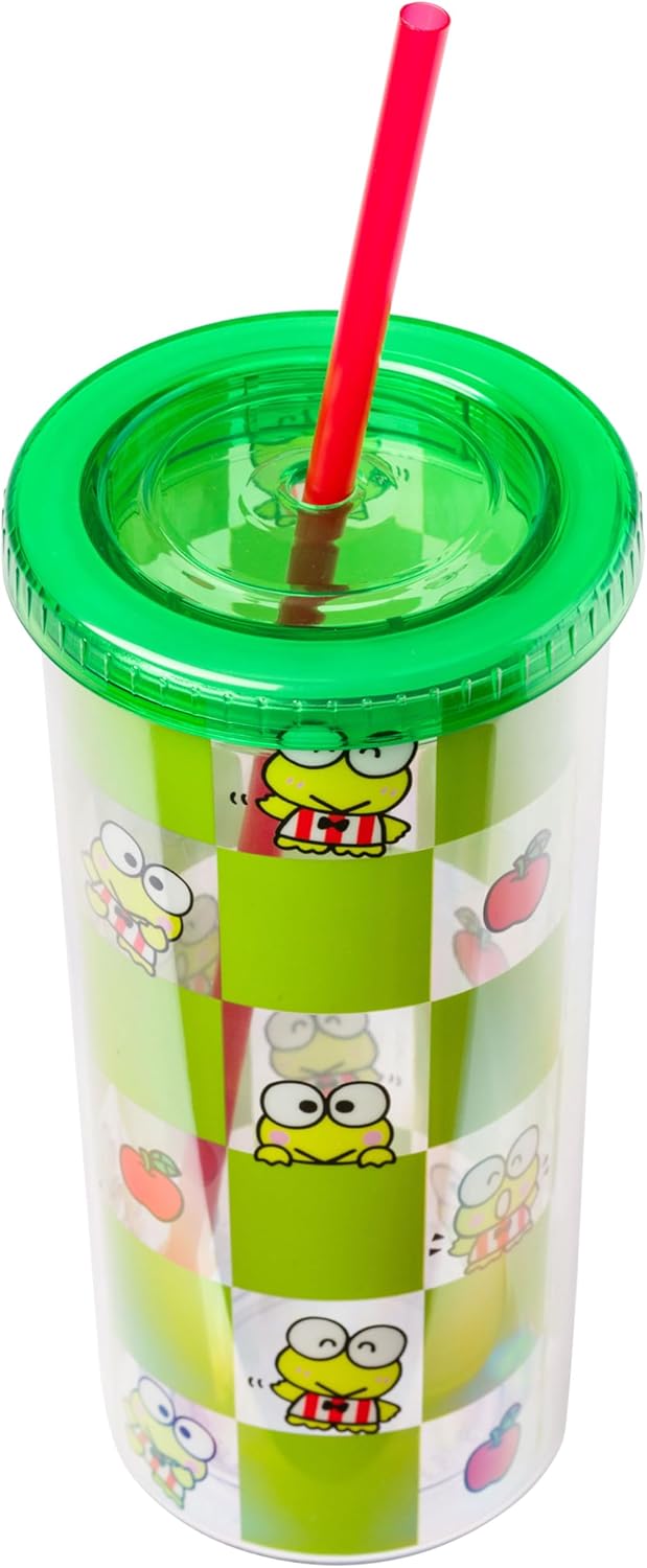 Silver Buffalo Sanrio Hello Kitty Milk Carton Pattern Plastic Boba Tumbler w Lid and Wide Straw, 24 Ounces