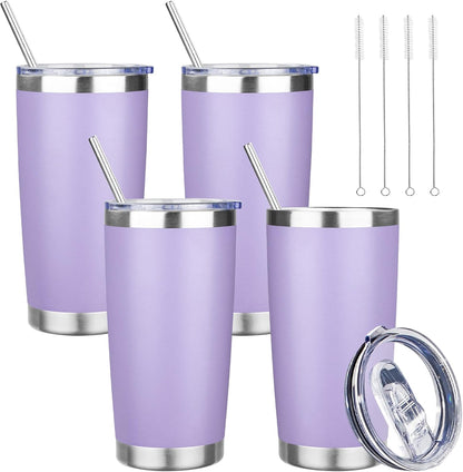 20 oz Tumbler with Lids and Straws, Stainless Steel Insulated Travel Coffee Mug, Double Wall Vacuum Insulated Tumblers, Powder Coated Coffee Tumbler for Cold & Hot Drinks (Light Purple)