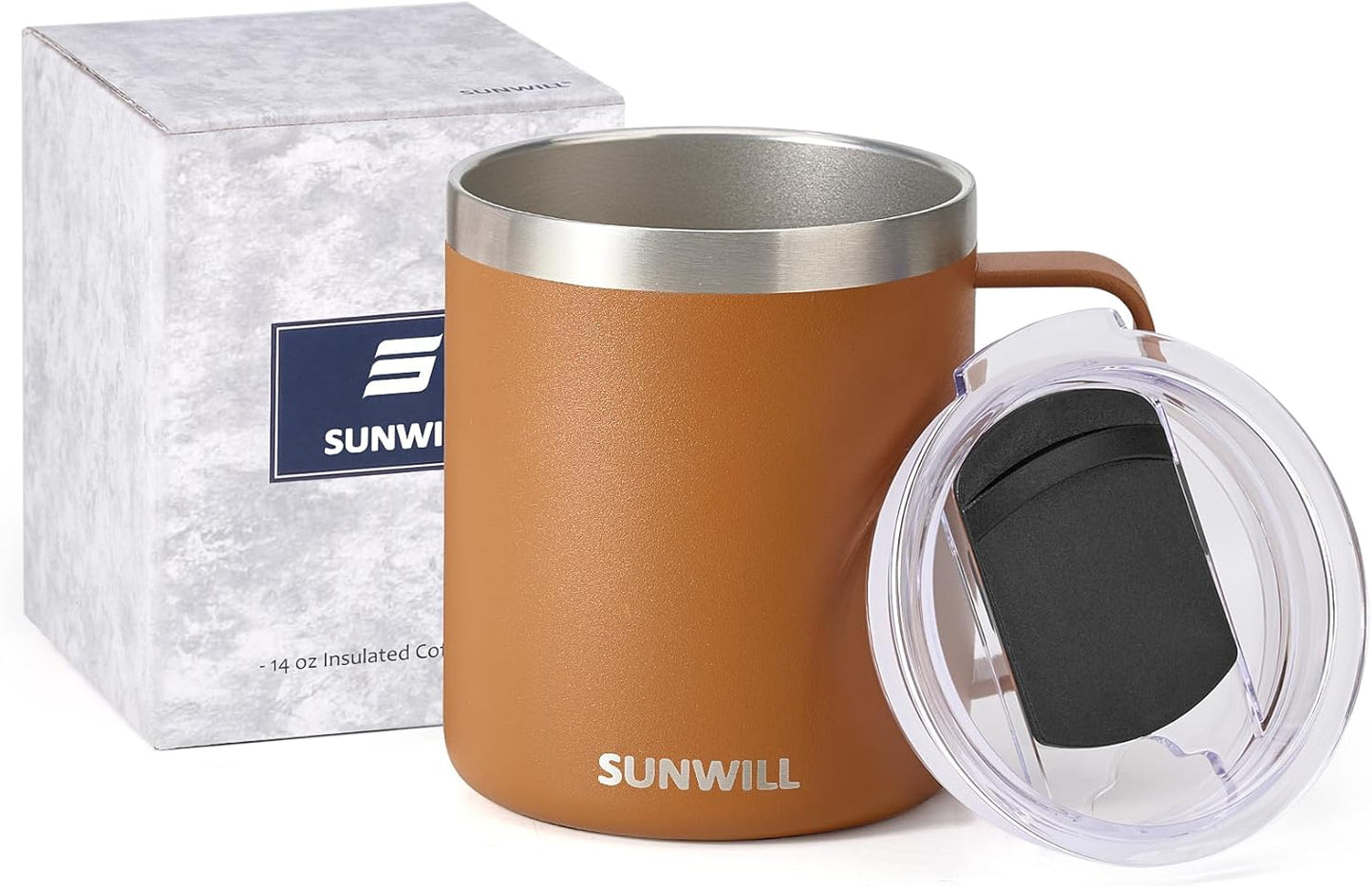 SUNWILL Travel Coffee Mug with Lid, Insulated Tumbler with Handle, 14 oz Stainless Steel Cup for Ice, Water, Tea, Rose Gold