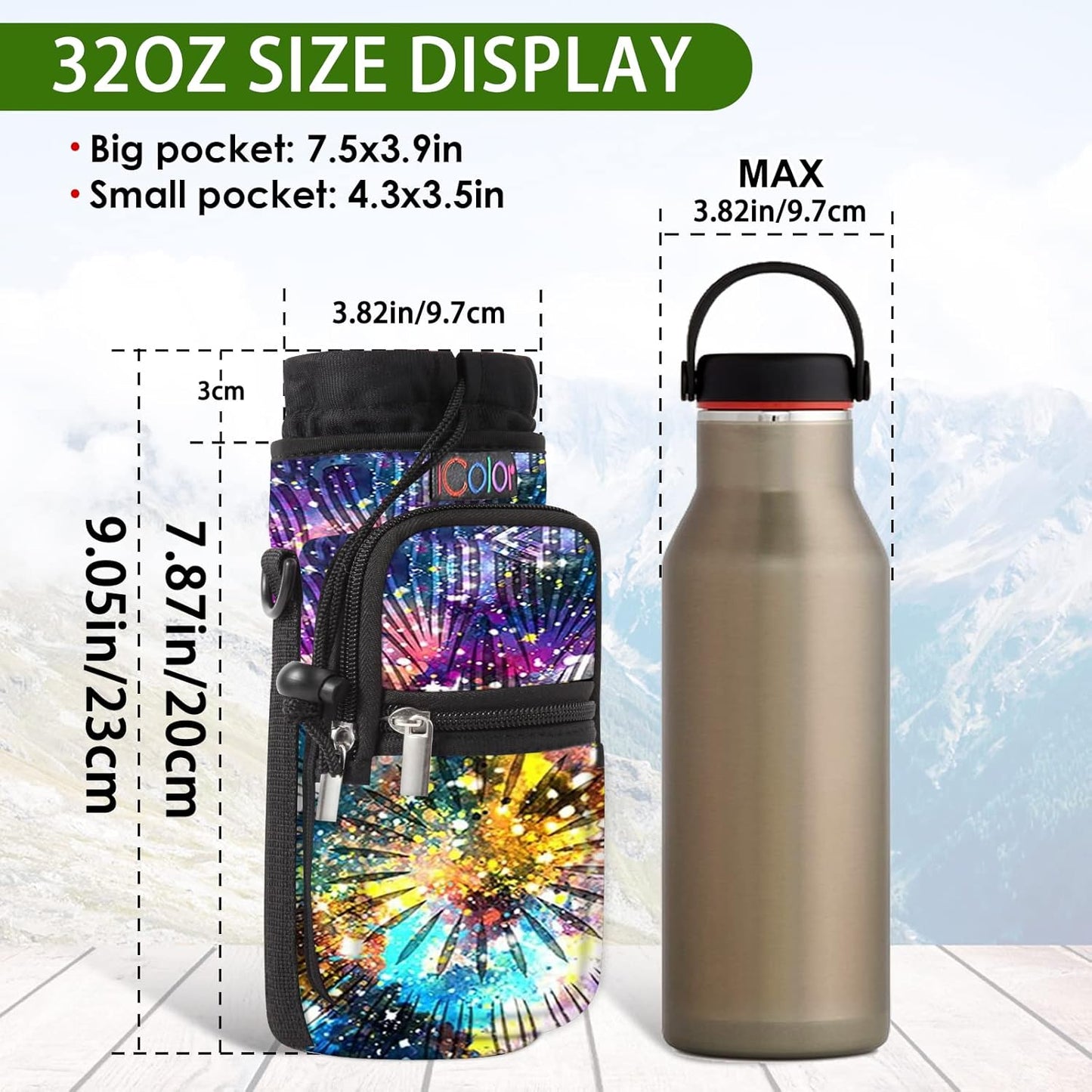 icolor Water Bottle Carrier Bag with Strap 25/32/40 oz Crossbody Bottle Holder with Phone Pocket Sling Sleeve Insulated Neoprene Water Bottle Pouch for Walking Travelling