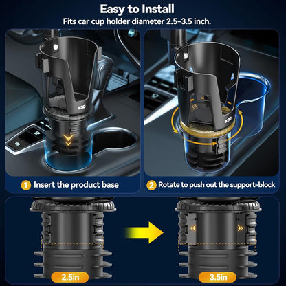 KDD Car Cup Holder Expander - 3 in 1 Cup Holder Adapter with Adjustable Base - Detachable Phone Holder & 360° Rotation Food Tray for Car - Compatible with Vehicles, Car, Road Trip Essentials