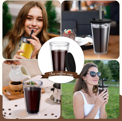 Honeydak 4 Pack 24 oz Reusable Iced Coffee Cups with Lids and Straws Leakproof Double Wall Insulated Clear Plastic Iced Coffee Tumblers with Straw Brushes