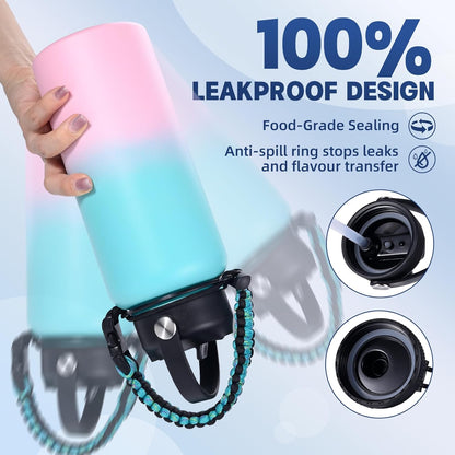 Insulated Water Bottle, 32 oz Stainless Steel Wide Mouth Water Bottles with 2 Leak Proof Lid and Paracord Handle, Double Wall Vacuum Insulated Sports Water Bottle, Purple Black