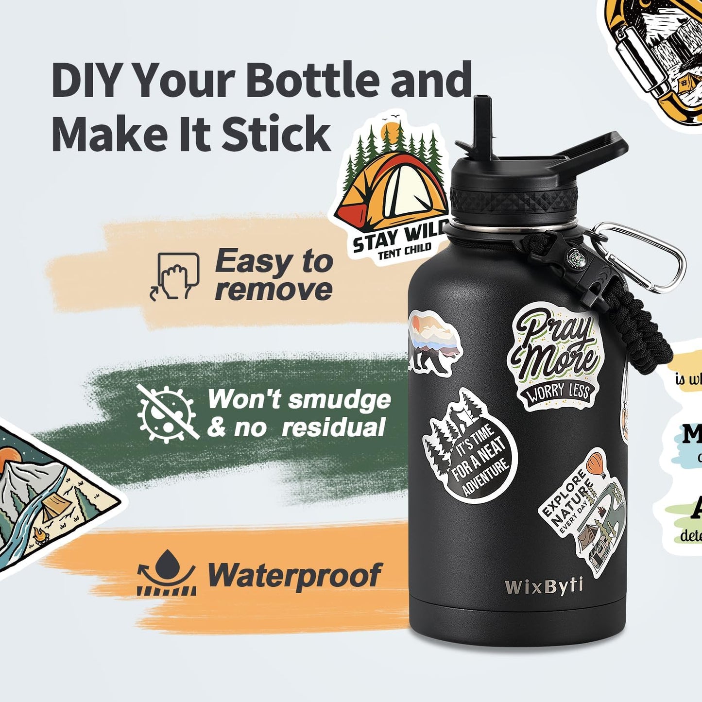 WixByti 40 oz Insulated Water Bottle with Straw (Cold for 36 Hrs), Stainless Steel Triple Wall Vacuum Sports Water Jug, Leakproof Hydro Cup Flask with Paracord Handle & Straw Spout Lids & DIY Stickers