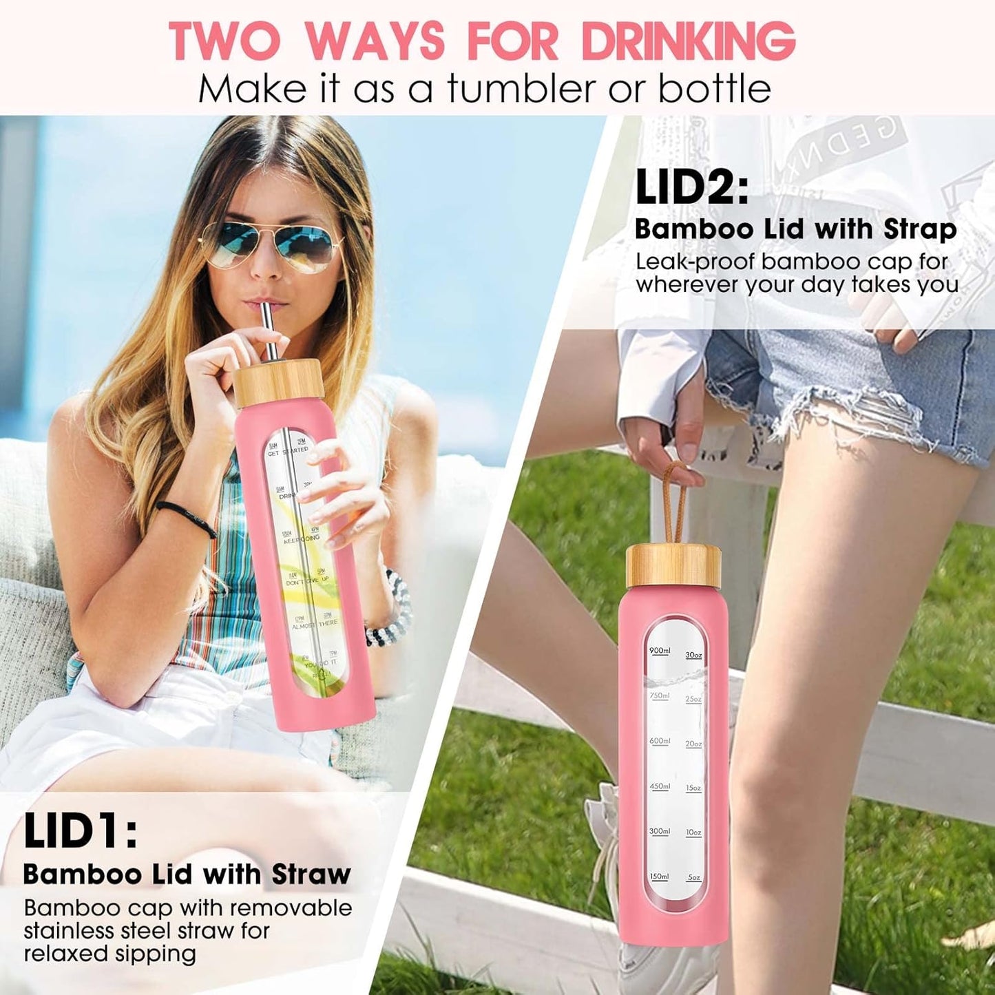 SipZest 32 oz Glass Water Bottle with Straw - Motivational Time Marker & Silicone Sleeve - Reusable Tumbler Includes 2 Bamboo Lids & Fruit Infuser - 1 Pack