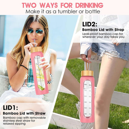 SipZest 32 oz Glass Water Bottle with Straw - Motivational Time Marker & Silicone Sleeve - Reusable Tumbler Includes 2 Bamboo Lids & Fruit Infuser - 1 Pack