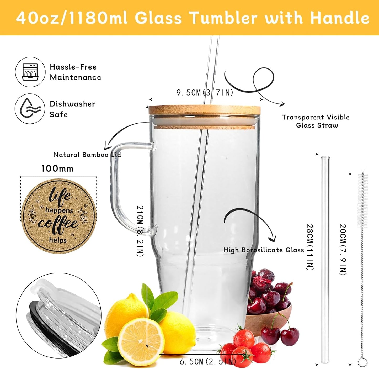 ANOTION Bamboo Mason Leakproof Mason Jar Cups with Lids and Straws, Cap Cup 24oz Glass Tumbler with Handle, Rotating Lid Silicone Straw, Reusable Iced Coffee Matcha Cup Coffee Gifts for Women 2pc