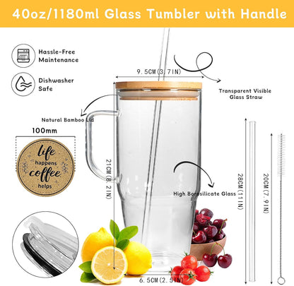 ANOTION Bamboo Mason Leakproof Mason Jar Cups with Lids and Straws, Cap Cup 24oz Glass Tumbler with Handle, Rotating Lid Silicone Straw, Reusable Iced Coffee Matcha Cup Coffee Gifts for Women 2pc
