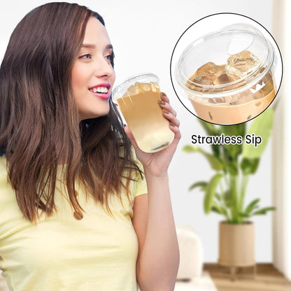 Round Bottom Clear Plastic Cups with Sip Lids, 50 Sets, 16 Oz Disposable Iced Coffee Cups with Strawless Lids To Go Cold Drink Cups for Smoothies, Juices, Party Catering