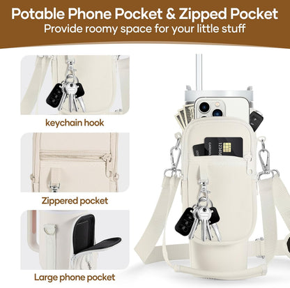 linmaya Water Bottle Carrier Bag for Stanley Cup 40/30oz with Phone Holder Pockets,Neoprene Water Bottle Cross-body Bag with Adjustable Shoulder & Hand Strap Stanley Cup Accessories