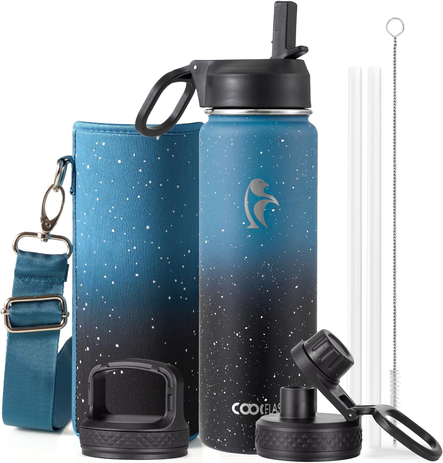Half Gallon Water Bottle Insulated with Straw & 3 Lids, Coolflask 64 oz Water Jug Large Metal Stainless Steel Wide Mouth for Sports, Gym or Office, Non-BPA Keep Cold 48H Hot 24H, Samurai Cyan