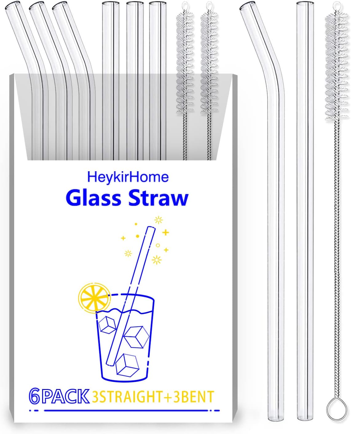HeykirHome 4-Pack Reusable Glass Straw, Size 8.5''x10 MM,Including 2 Straight and 2 Bent with 2 Cleaning Brush- Perfect For Smoothies, Tea, Juice