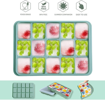 Ice Cube Trays Set of 2, Easy Release 15 Flexible Silicone Ice Cube Molds with Removable Lid Reusable Freezer Ice Trays Stackable for Whiskey, Baby Food, BPA Free (BAMBOO GREEN)