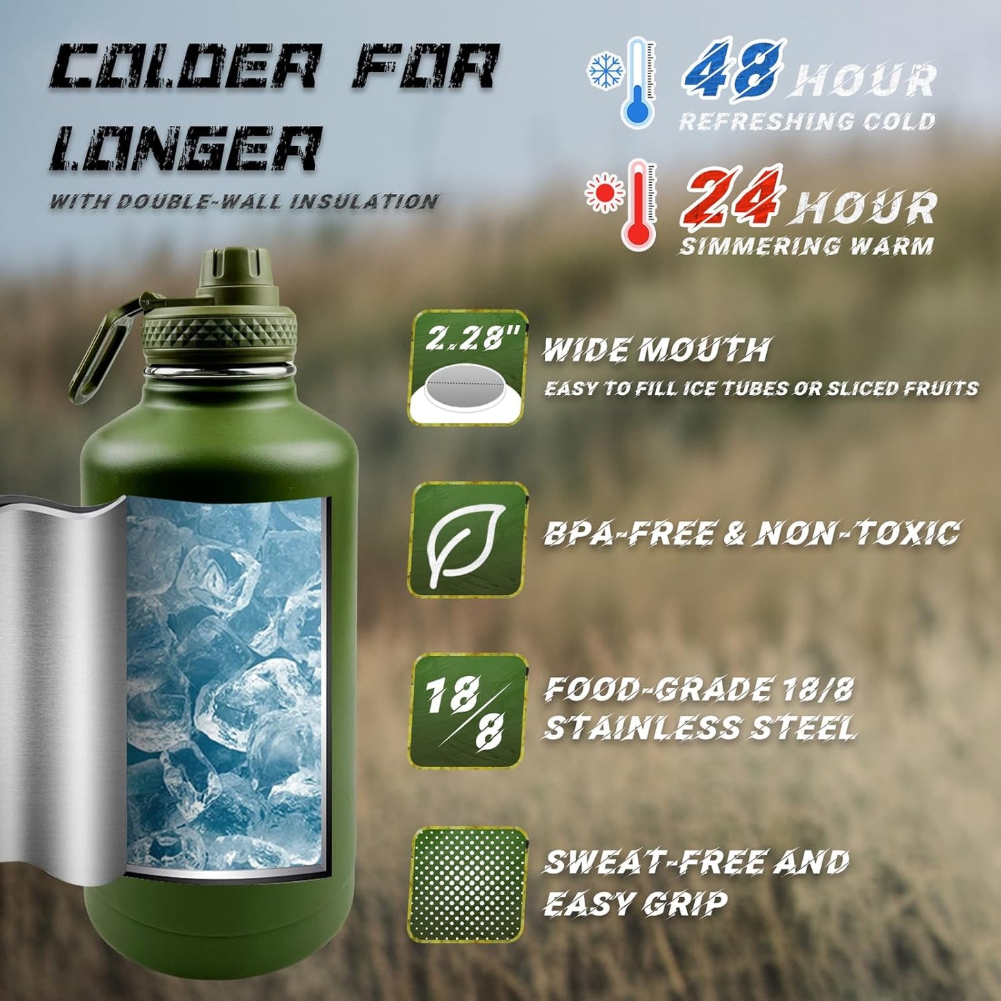 32 oz Insulated Water Bottle with Sleeve - Tactical Stainless Steel Gym Water Bottles for Men, Sports Water Bottle for Hiking Camping Outdoor with Camo Pouch