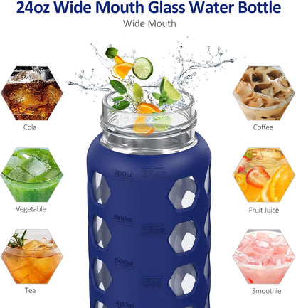 MUKOKO Glass Water Bottles, 32oz Glass Tumbler with Straw, Drinking Bottles with 2 Lids-Handle Spout Lid&Bamboo Straw Lid, Motivational Water Bottle with Time Marker and Silicone Sleeve, 1 Pack-Olive