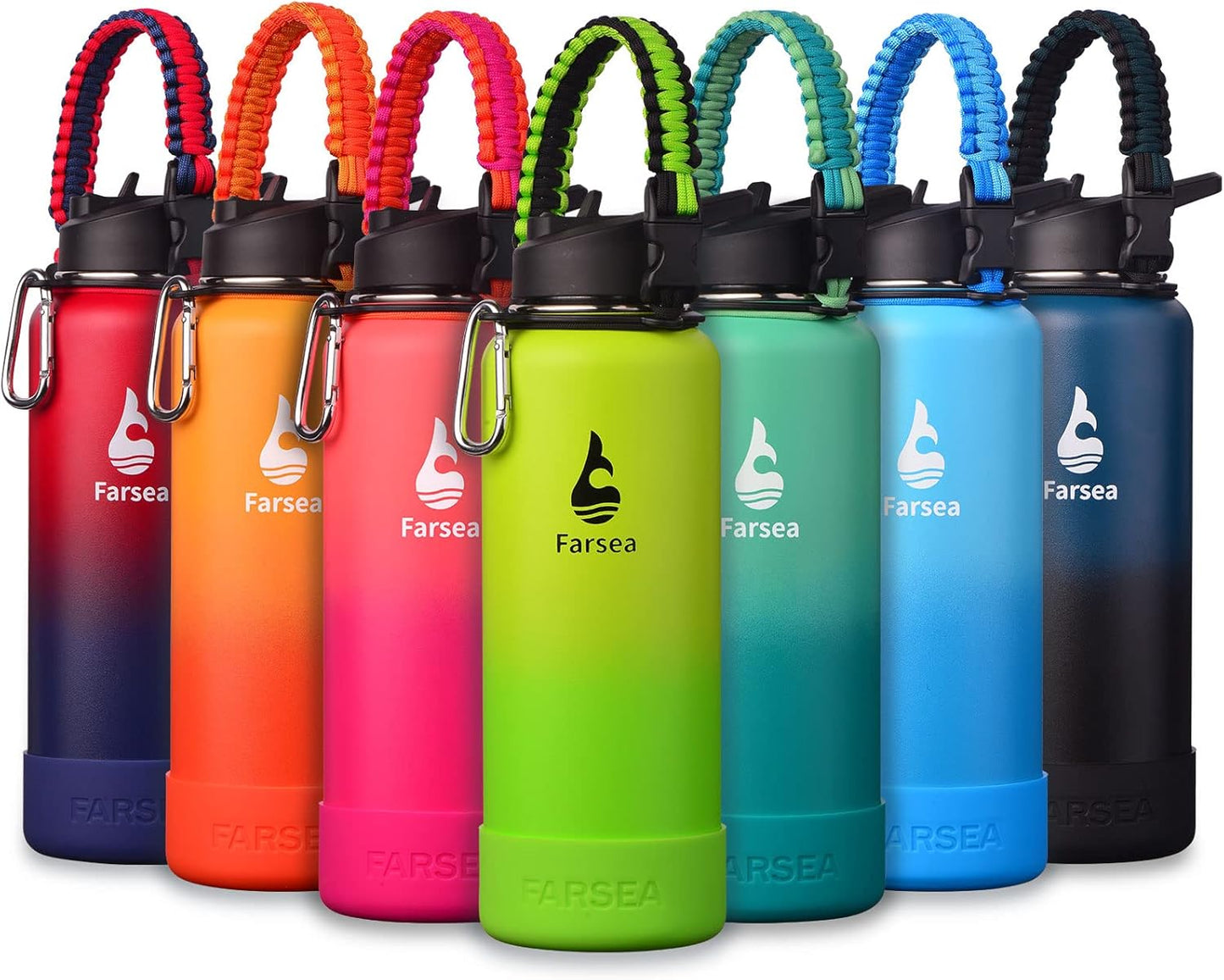 Farsea Insulated Water Bottle With Paracord Handle, Protective Silicone Boot and 2 Lids (Straw Lid & Spout Lid), Stainless Steel Water Bottle Wide Mouth, Double Wall Sweat-Proof BPA-Free, 24 oz