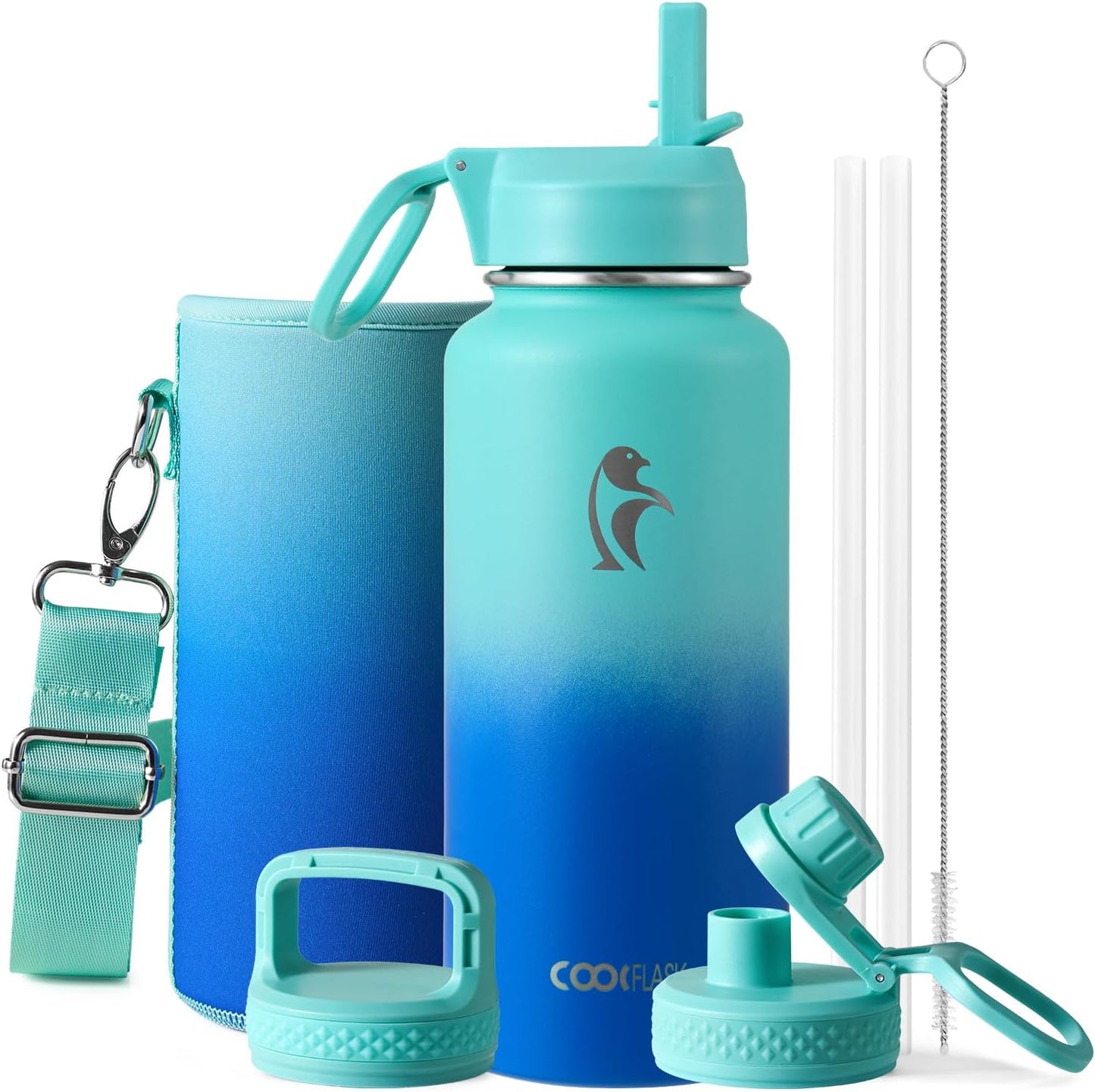 Half Gallon Water Bottle Insulated with Straw & 3 Lids, Coolflask 64 oz Water Jug Large Metal Stainless Steel Wide Mouth for Sports, Gym or Office, Non-BPA Keep Cold 48H Hot 24H, Samurai Cyan
