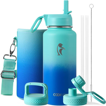 Half Gallon Water Bottle Insulated with Straw & 3 Lids, Coolflask 64 oz Water Jug Large Metal Stainless Steel Wide Mouth for Sports, Gym or Office, Non-BPA Keep Cold 48H Hot 24H, Samurai Cyan