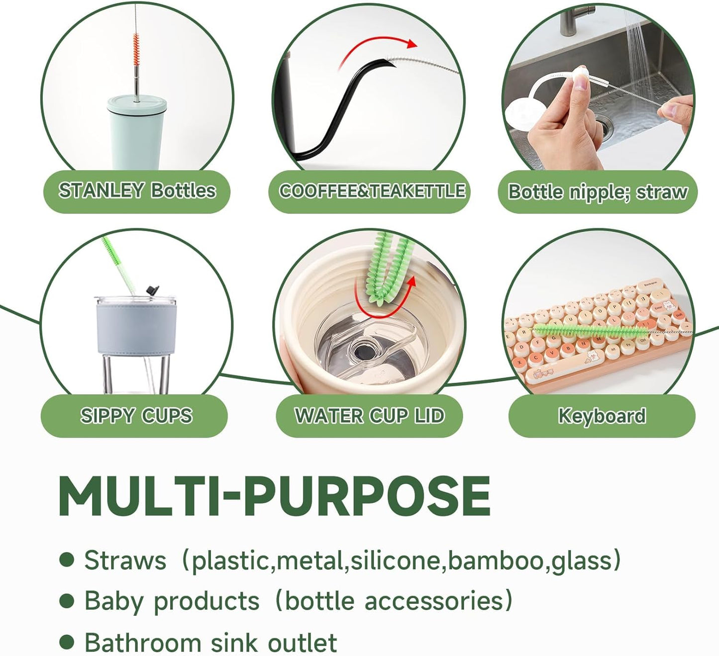 9PCS Reusable Long Colored Straw Cleaner Brush Set 12" Bendable,Capable of Cleaning Various Metal, Silicone, Plastic, Bamboo,Glass Straws Tubes Diameters Ranging from 4-16mm