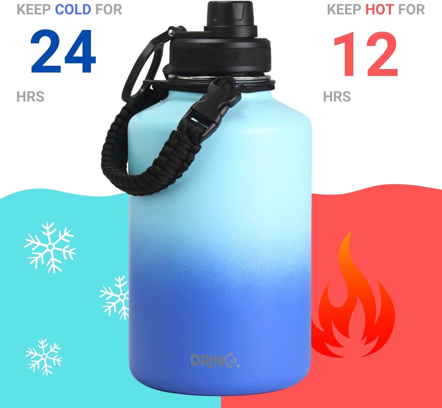 Drinco Stainless Steel Water Bottle Spout Lid Vacuum Insulated Double Wall Water Bottle Wide Mouth (40oz 32oz 22oz 18oz 14oz) Leak Proof Keep Cold Sport Camping Hiking (22 oz, 22oz Black)