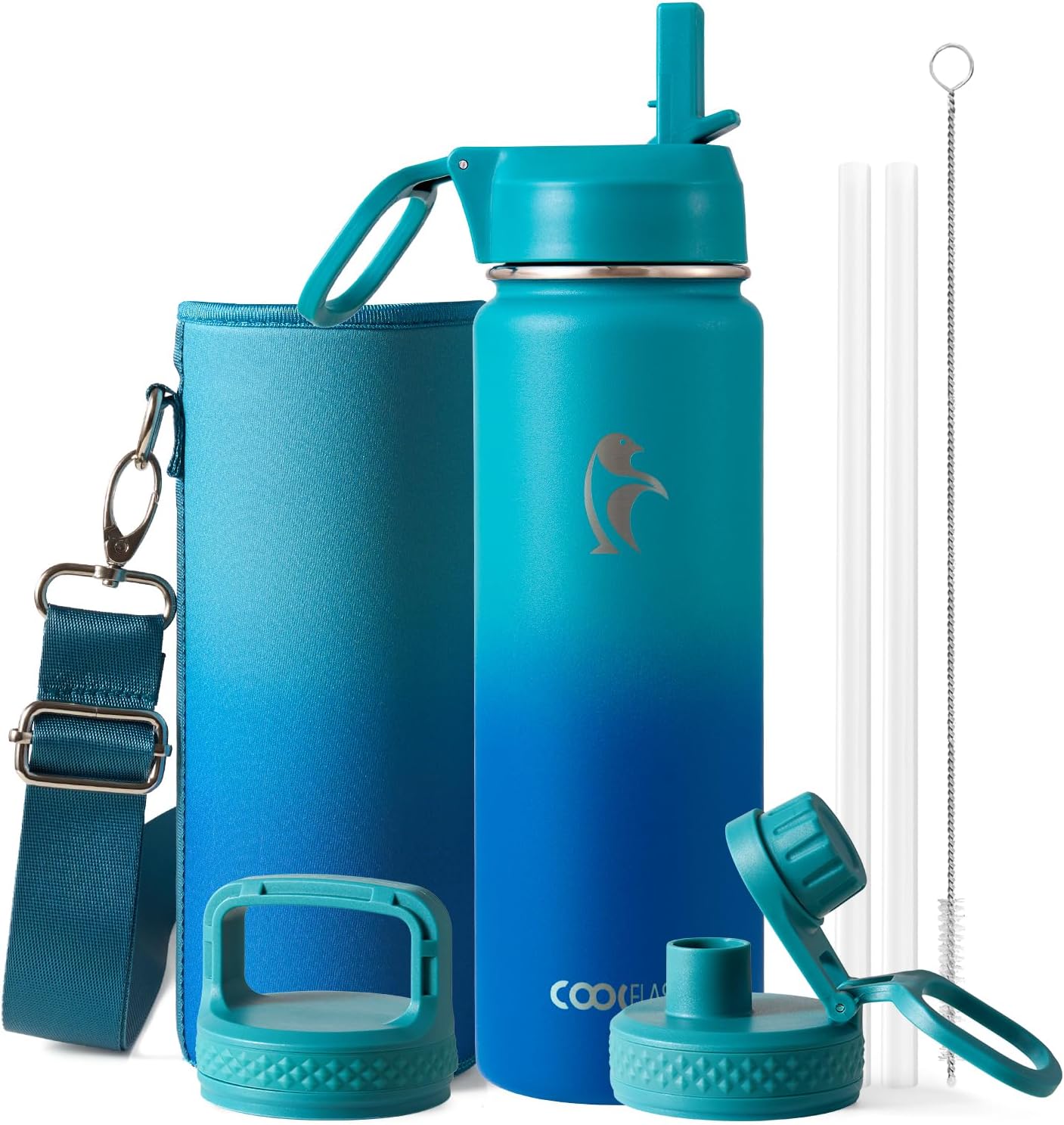 Half Gallon Water Bottle Insulated with Straw & 3 Lids, Coolflask 64 oz Water Jug Large Metal Stainless Steel Wide Mouth for Sports, Gym or Office, Non-BPA Keep Cold 48H Hot 24H, Samurai Cyan