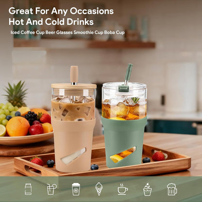Glass Tumbler with Lids and Straws, 20 oz Iced Coffee Cup and Smoothie Cup with Bamboo Lid and On the go Lid,Glass Cups With Straws