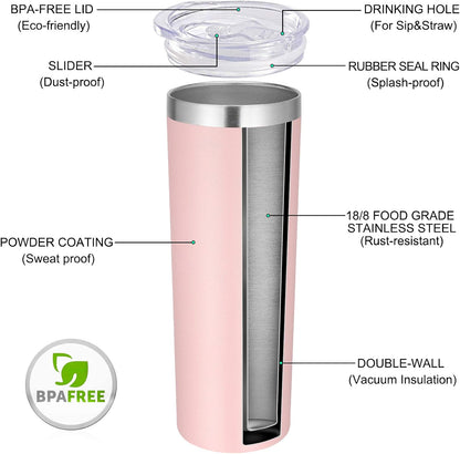 VEGOND Stainless Steel Skinny Tumbler, 20 oz Vacuum Insulated Tumbler with Lid and Straw, Double Wall Coffee Cup, Travel Mug for Cold Hot Drinks, Light Pink 1 Pack